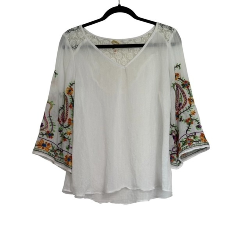 Anthropologie Fig And Flower Blouse White Embroidered Sleeve Boho Hippie Tunic S